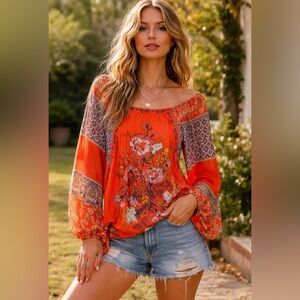 Free People Size XS Boho Floral Off-Shoulder Peasant Top - Orange